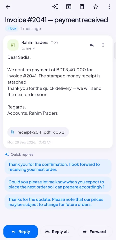 SamitMail app email view with AI quick replies