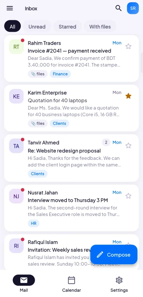 SamitMail mobile app inbox